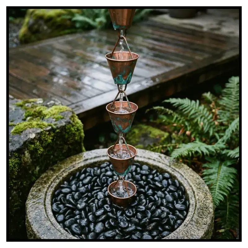 A modern Kusari-doi copper rain chain capturing roof runoff into a permeable gravel basin for passive irrigation.