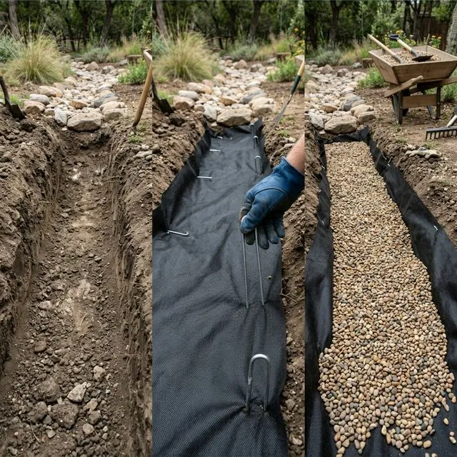 DIY dry creek bed for drainage showing excavation and landscape fabric layers