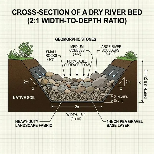 Technical cross-section diagram of dry creek bed construction