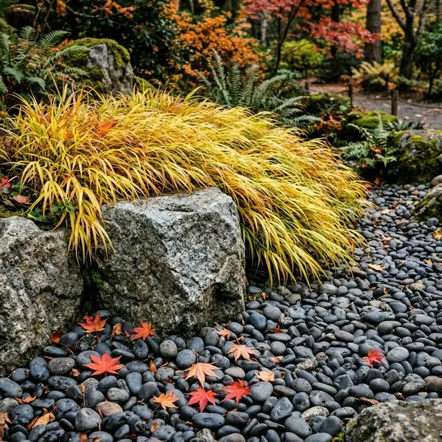 Gravel river design edge planting featuring Japanese forest grass and autumn leaves