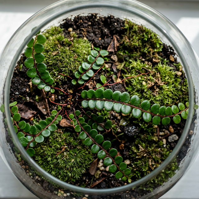 The creeping growth habit of the Button Fern over miniature fern soil layers