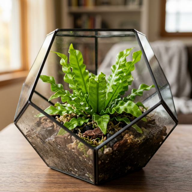 A sculptural Crispy Wave Fern acting as a closed terrarium plant focal point