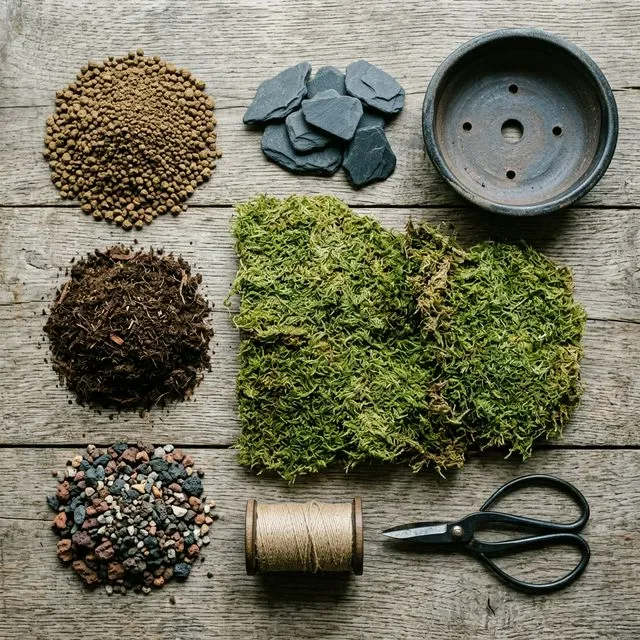 Floating island garden DIY materials: Akadama soil, peat moss, and slate stones for modern Kokedama presentation.