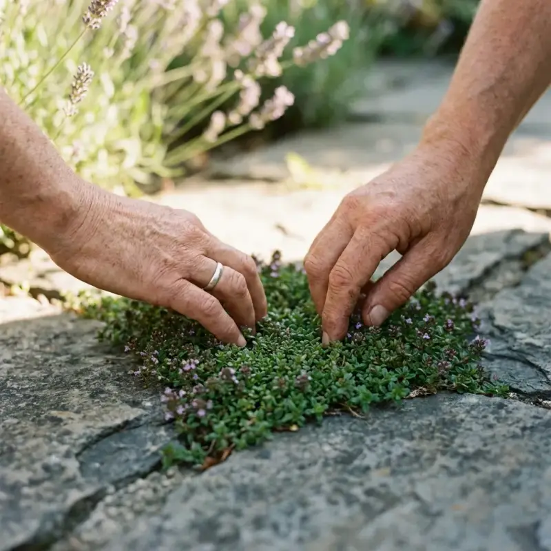 Fragrance stacking diagram with thyme and stones in a zen garden botanical bento style