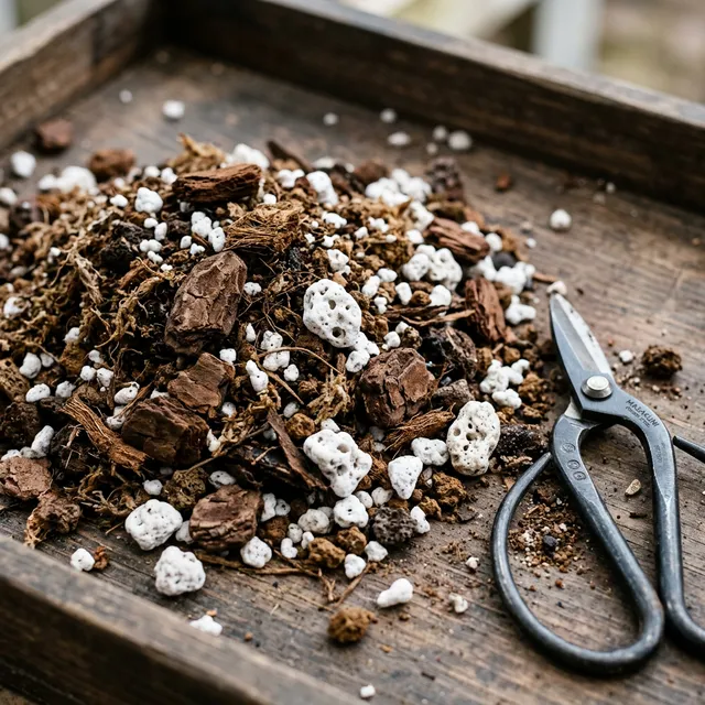 Macro view of premium bonsai soil matrix with pine bark peat moss and perlite