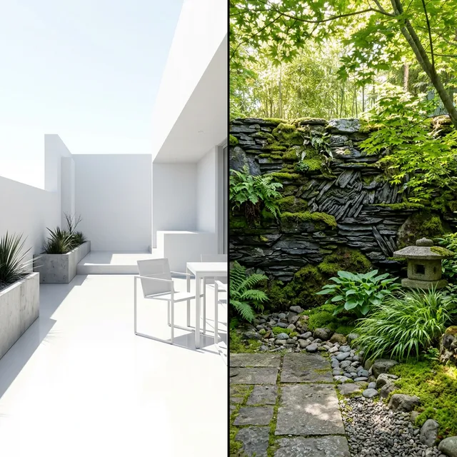 Minimalist vs Zen garden split screen