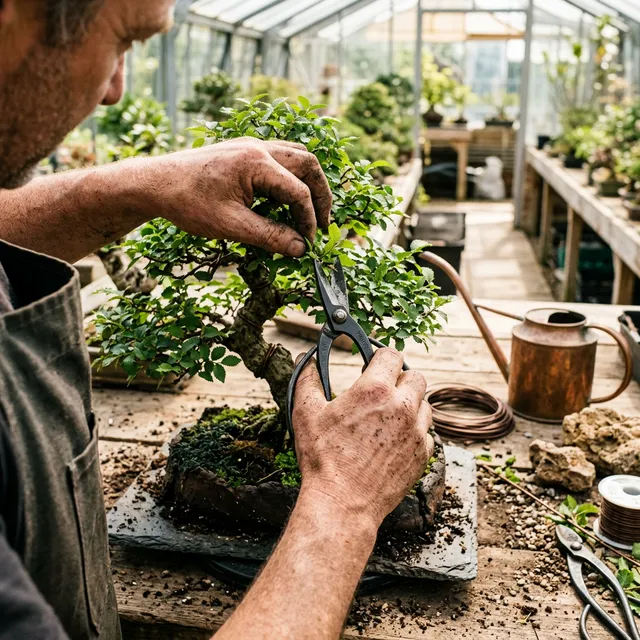 Gardener Trimming a Living Saikei Tray
