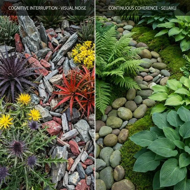 A split-screen comparison demonstrating visual noise in a chaotic garden versus the visual calm of Seijaku design