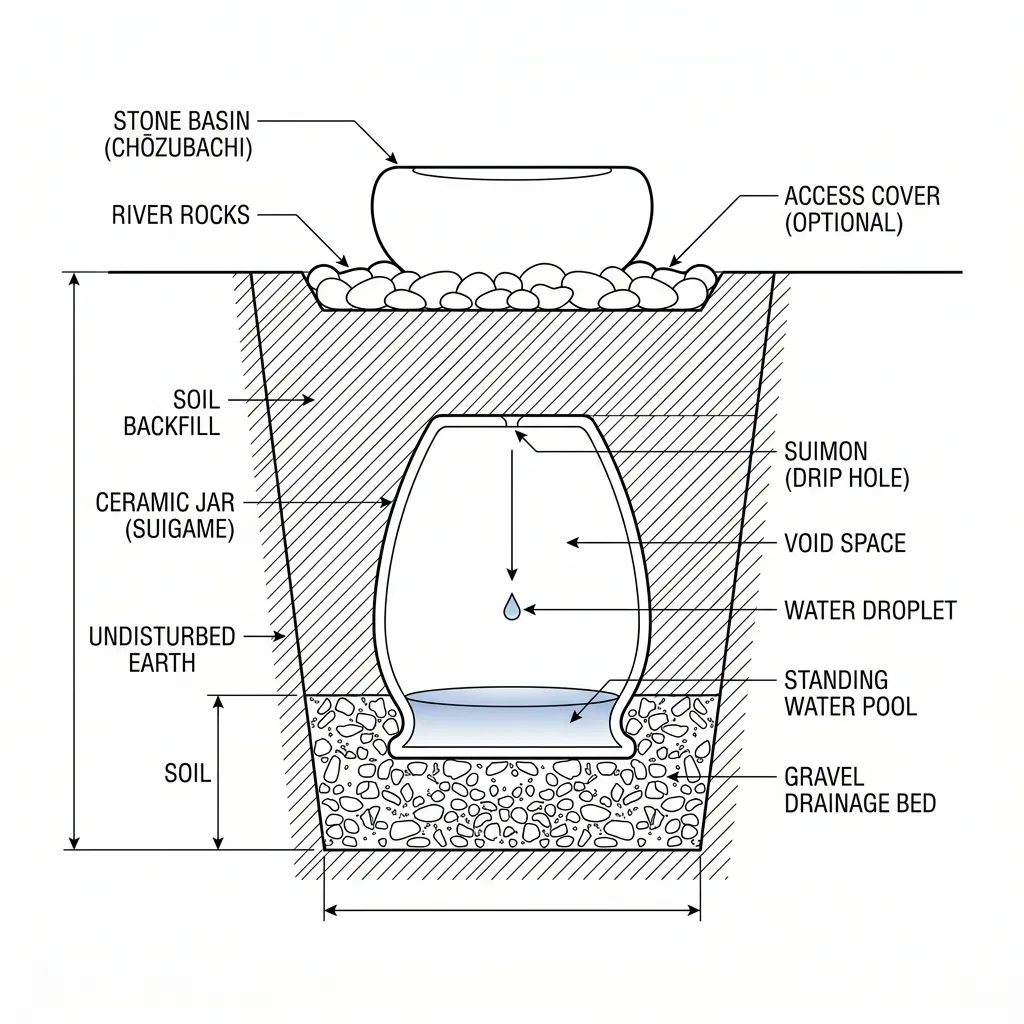 Suikinkutsu mechanism cross-section diagram