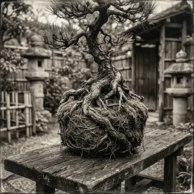 A raw, root-bound Nearai bonsai during the Edo period displaying the authentic origins of Kokedama.