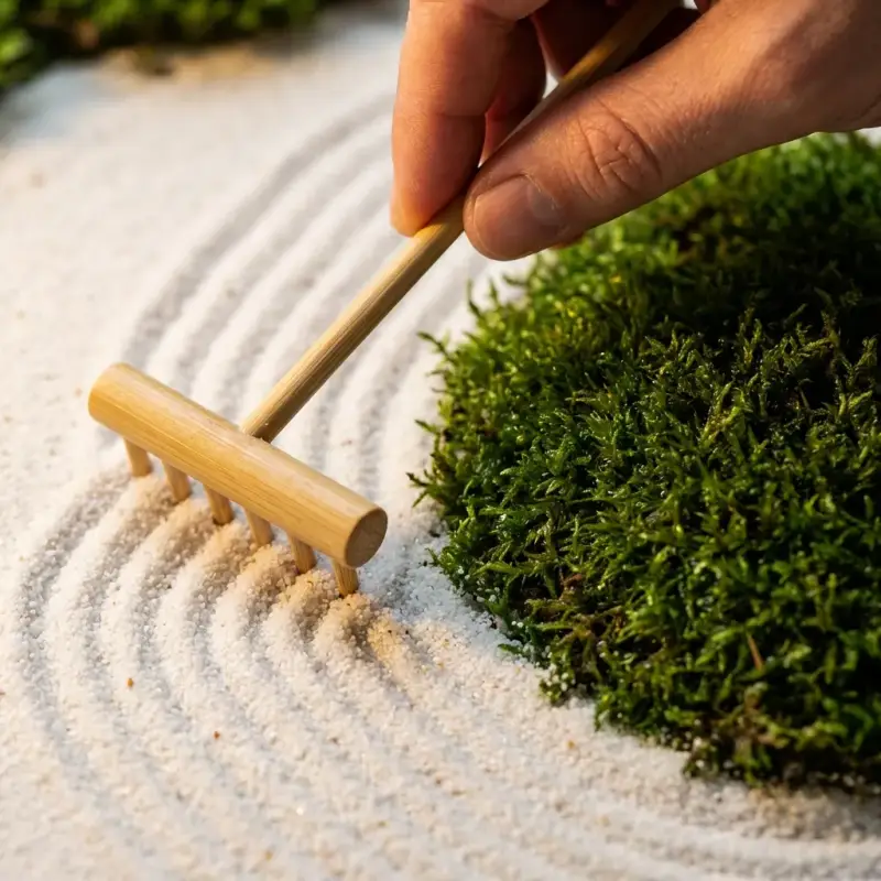 Macro shot of a small bamboo rake creating curves in white sand next to deep green moss