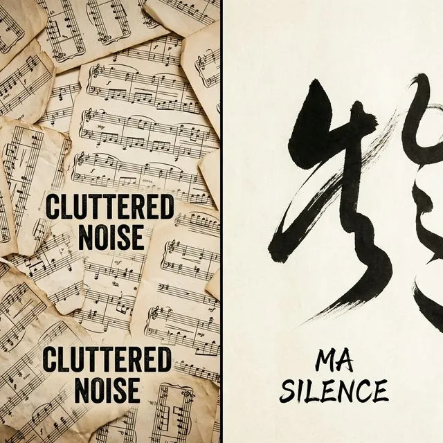 Concept illustration of cluttered Western notes vs Japanese Ma silence