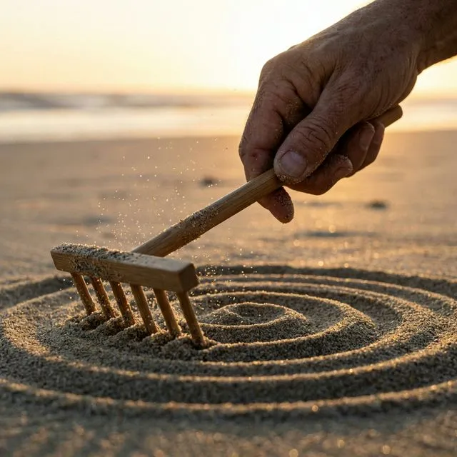 Close up of hand raking sand in golden light