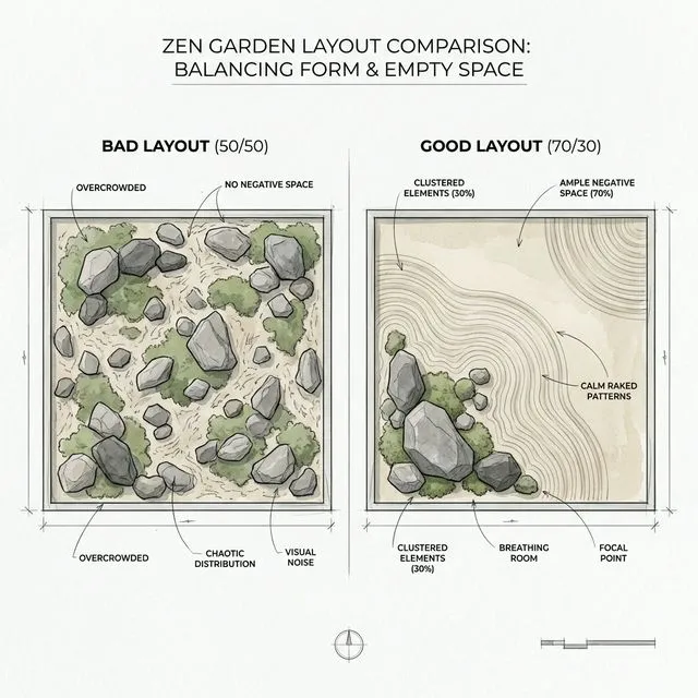 Comparison of cluttered 50/50 layout vs spacious 70/30 layout
